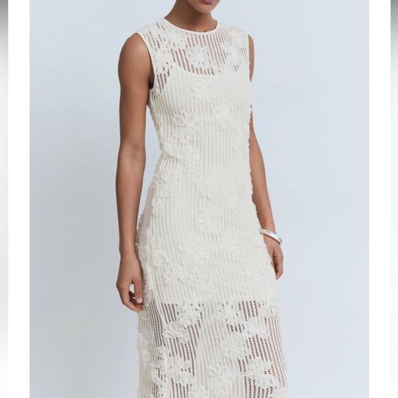 Mango Floral Appliqué Open Stitch Dress Ecru Large NEW - Picture 2 of 11